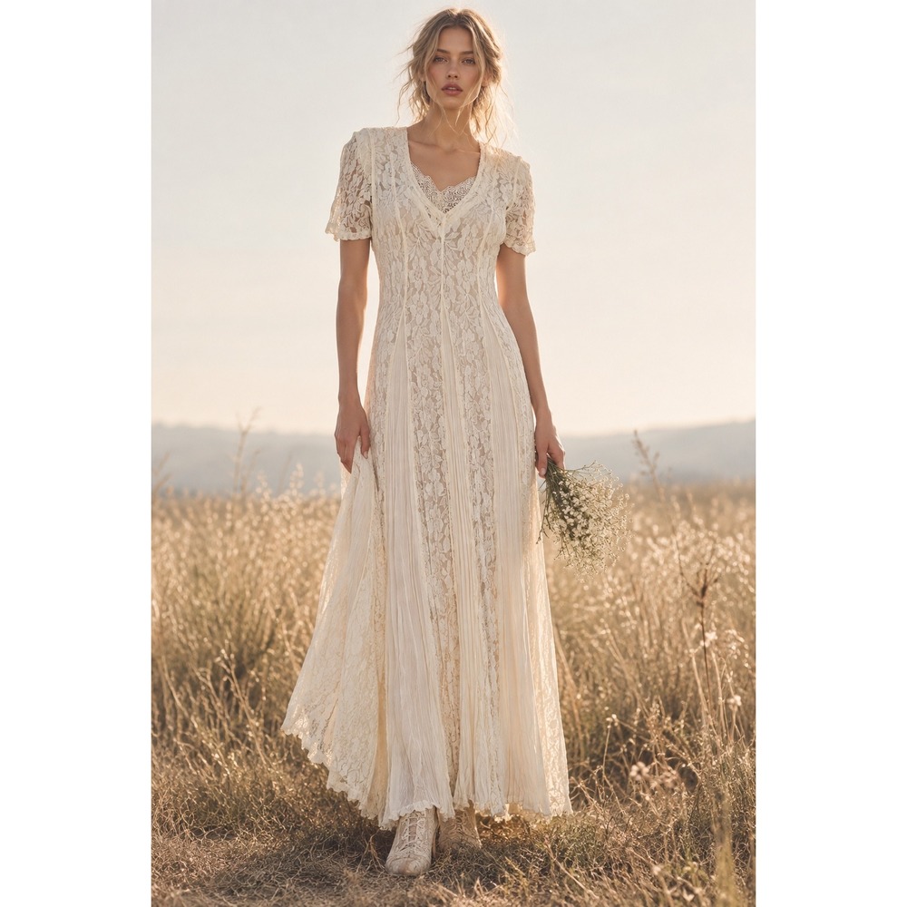 Vintage Lew Magram Lace Crinkle Midi Dress S Off White Cottagecore Boho Wedding